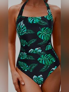 NWT - Black/Green Retro Tummy Control Halter Swimsuit (Size XL)